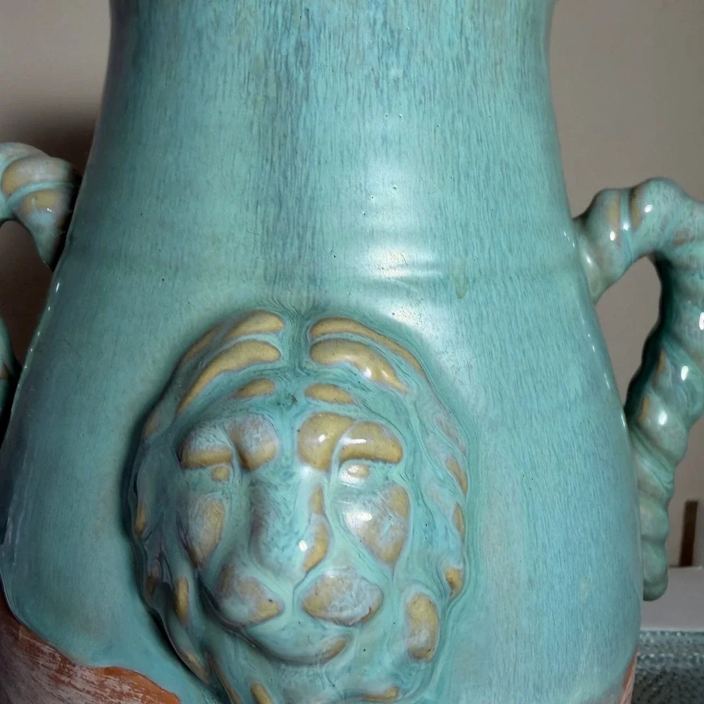 Terracotta Lion Head Vase Turquoise Drip Glaze Twisted Handle Amphora 11.25